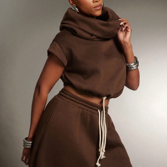 Brown Casual Women's High Neck Hooded Multi-Wear Sweatshirt Top - Picture 4 of 6